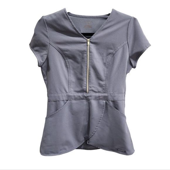 JAANUU Gray Gold Zipper tulip crossover Scrub Top 96215 xs - Picture 1 of 5